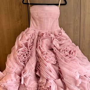 Milla Strapless Dress. Dramatically flowered tulle dress in misty pink.